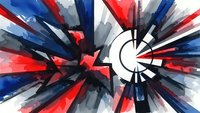 Abstract geometric explosion with red blue white radiating lines and circular elements for modern digital design backgrounds.