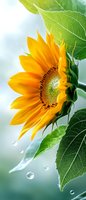 Vibrant sunflower with bright yellow petals and green leaves against soft blue background with water droplets. Fresh summer nature concept for wellness and organic designs.