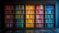 Colorful rainbow bookshelf with books arranged by color spectrum from purple to blue, creating striking visual display in dark room with dramatic lighting.