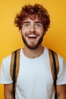 Young Caucasian man with curly ginger hair and beard wearing white t-shirt and backpack expressing excitement and joy against yellow background.