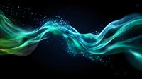 Flowing turquoise and green light waves with glowing particles create dynamic motion effect against dark background, suitable for abstract design projects.