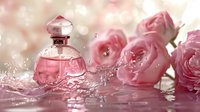Pink glass perfume bottle with water splash and fresh rose flowers creating romantic luxury composition with soft bokeh background and reflections.