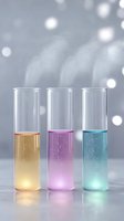 Laboratory test tubes with glowing colorful liquids in gold, pink and turquoise colors emitting steam against blurred bokeh background. Scientific research concept.