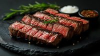 Juicy medium rare sliced beef steak with rosemary, spices and sauces served on black stone board, close up view of grilled meat with pink center.