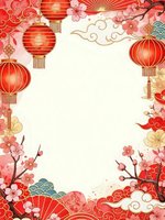 Traditional red lanterns and cherry blossoms frame with ornate clouds, fans and decorative elements for lunar new year celebration background design.