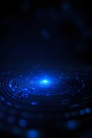 Glowing blue circular pattern with radial light effect on dark background, digital technology concept with particles and bokeh elements for tech designs.
