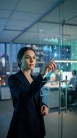 Professional businesswoman interacting with futuristic holographic data interface displaying charts and analytics in modern office environment.