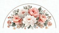 Elegant floral arrangement with pink and white peonies, roses, and eucalyptus leaves in watercolor style on white background with gold circular frame.