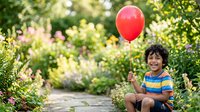 Young boy with dark curly hair and medium skin tone holding red balloon in lush garden setting with blooming flowers and green foliage, suitable for children's content and happiness themes.