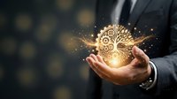 Businessman in dark suit holding glowing gear mechanism with golden light particles, representing innovation, technology, and strategic business solutions for corporate concepts.
