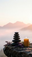 Zen meditation setup with stacked stones, burning candle and lavender flowers on rock overlooking misty mountain lake at peaceful sunrise for wellness.