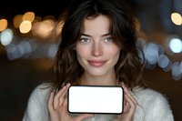 Young Caucasian woman with blue eyes holding blank smartphone screen against blurred city lights background, showcasing mobile device mockup.