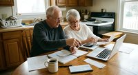 Senior Caucasian couple managing finances together at kitchen table with laptop and paperwork for retirement planning and budgeting decisions.