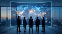Business team silhouettes viewing holographic world map with network connections in modern office for global strategy and international expansion planning.