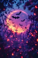 Mystical twilight scene with flying bats silhouettes against purple and orange sunset sky, surrounded by glowing bokeh lights and dark tree branches.