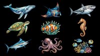 Colorful ocean creatures collection featuring whale, manta ray, shark, sea turtle, clownfish, seahorse, marlin, octopus, and coral reef elements isolated on transparent background for design projects.