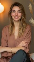 Young Caucasian woman with bright smile wearing dusty rose blouse and delicate jewelry against warm bokeh background with decorative pampas grass elements.