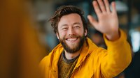 Cheerful bearded man in yellow jacket waving hello with friendly smile in modern office environment for business communication and greeting concepts.