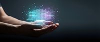 Digital technology hologram glowing in open palm against dark background, representing innovation, data processing, artificial intelligence, and future computing solutions for business applications.