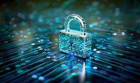 Digital padlock made of glowing circuit pattern on electronic motherboard background with blue technology lines, representing cybersecurity and data protection.