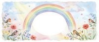 Watercolor frame with rainbow, birds, wildflowers, and clouds on white background, isolated and ready for design use.