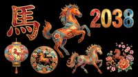 Ornate horse illustration with Chinese zodiac symbols, decorative lanterns, and floral elements isolated on transparent background. Ready for t-shirt design, clipart, stickers, sublimation, and print-on-demand products.