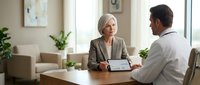 Professional mature blonde businesswoman consulting with male colleague in modern office meeting room discussing documents and strategy.