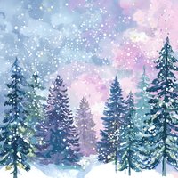 Dreamy winter forest landscape with pine trees against pastel pink and blue sky with falling snow, creating magical holiday atmosphere.