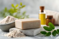 Natural handmade soap bar with clay powder, essential oils and green leaves on marble surface, spa skincare concept for organic cosmetics.