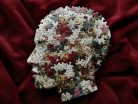 Human head profile made of scattered jigsaw puzzle pieces on red fabric background representing mental health, psychology and cognitive processes.