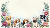 Adorable puppies sitting in floral border with roses and eucalyptus leaves on cream background, isolated design for pet lover greeting cards and decor.