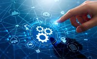 Human finger touching digital gear interface with connected technology icons and network lines on blue background for business automation concepts.