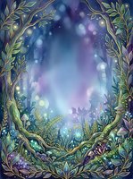 Enchanted forest frame with glowing bokeh lights, magical woodland border with golden foliage and luminous plants, fantasy nature background for design projects.