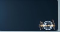 Sound wave visualization with glowing sphere and audio frequency lines on dark blue background, suitable for music, technology, and audio design projects.
