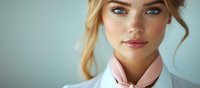 Young blonde woman with natural makeup and pink scarf wearing white blouse against light blue background, soft focus portrait with gentle smile and blue eyes.
