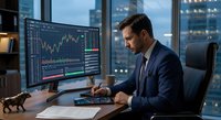 Professional businessman analyzing financial data on multiple monitors in modern office with city skyline view during evening hours.