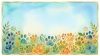 Colorful paw prints and botanical elements arranged in a decorative border on watercolor background, suitable for pet-related designs, greeting cards, and children's illustrations.