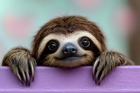 Adorable baby sloth peeking over purple edge with big eyes and gentle smile against blurred pastel background, showing claws and brown fur in close-up portrait.
