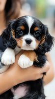 Adorable Cavalier King Charles Spaniel puppy with tricolor coat being held in arms, close-up portrait showing expressive eyes and sweet facial expression.