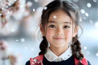 Young Asian girl with braided hair and sweet smile wearing red and navy dress with lace collar against soft bokeh winter background with falling snow and cherry blossoms.