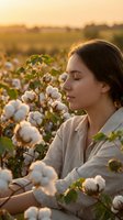 Young woman farmer enjoying peaceful moment in cotton field during golden hour sunset with eyes closed in serene agricultural landscape for wellness concepts.
