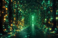 Digital tunnel with green and gold light streams forming a futuristic corridor, creating an abstract technological pathway for cybersecurity or data visualization concepts.