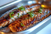 Grilled salmon fillets with caramelized glaze and fresh herbs served on metal tray, showing juicy texture and charred grill marks for restaurant menu presentation.