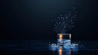 Glowing whiskey glass with splashing water drops and dynamic liquid motion on dark background creating dramatic atmosphere and reflections.