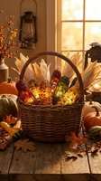 Wicker basket filled with colorful corn cobs surrounded by autumn leaves and pumpkins in cozy rustic kitchen setting for harvest season decorating.