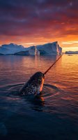 Narwhal surfacing in Arctic waters at golden sunset with icebergs in background, showcasing wildlife in natural habitat for nature and travel content.
