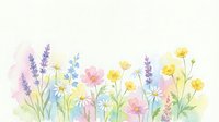Watercolor wildflower meadow with lavender, daisies and poppies in soft pastel colors on white background for spring design projects.