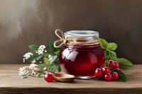 Homemade cherry jam in glass jar with fresh berries, mint leaves and white flowers on wooden table against brown background.