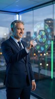 Mature Caucasian businessman in suit touching holographic recycling interface with sustainability icons in modern office environment for green technology concepts.
