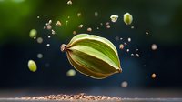 Green cardamom pod floating in air with scattered seeds against dark background, dramatic food photography with natural spice ingredients in motion.